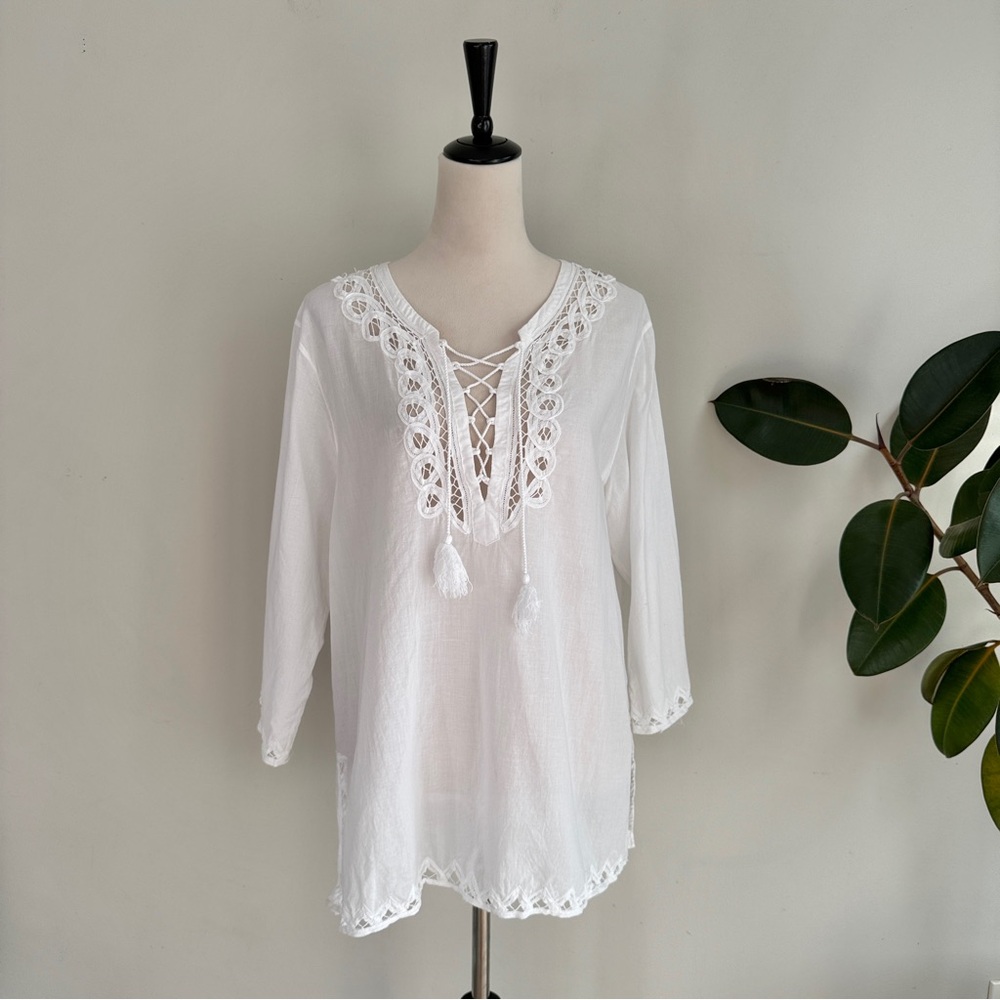 Lauren Ralph Lauren Tissue Tunic Tie Neck 3/4 Sleeves L